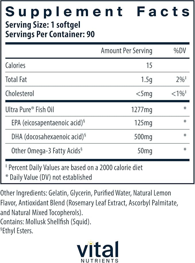 Vital Nutrients Ultra Pure® Fish Oil 675 | Supports Brain Development & Function* | Sustainably Sourced High DHA Omega-3 Fatty Acid | Lemon Flavor | Gluten, Dairy & Soy Free | 90 Softgels