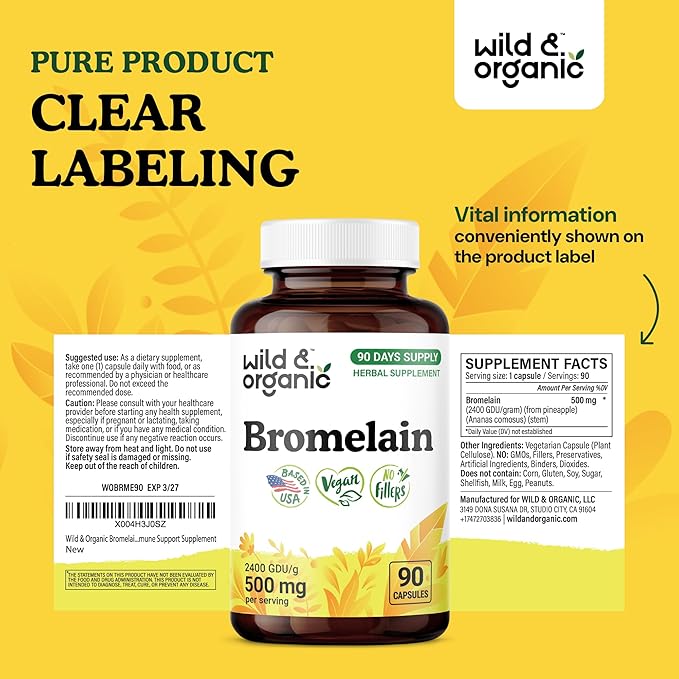 Wild & Organic Bromelain 500 mg Capsules - Digestive Support - Natural Bromelain Supplement - Pineapple Enzyme Source - Vegan, No Fillers, Non-GMO - 90 Count