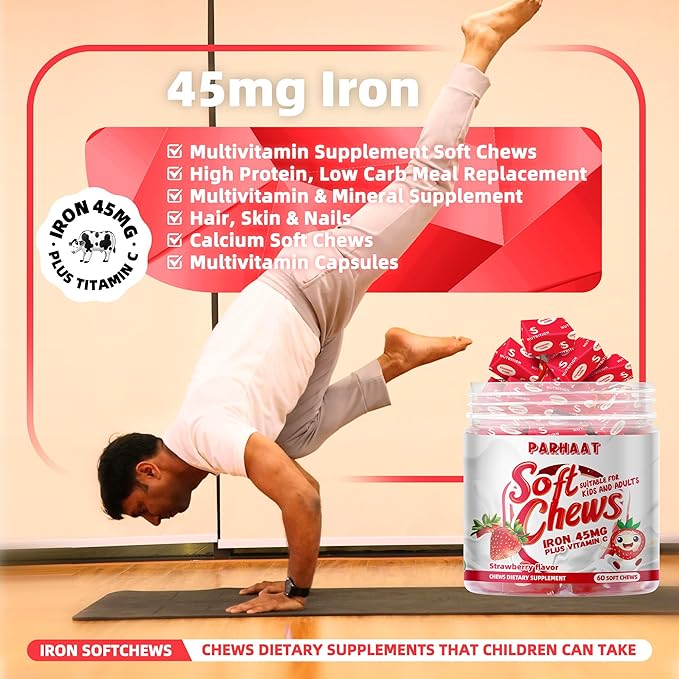 Iron Soft Chew Supplement with Vitamin C | Strawberry Flavored | Gluten Free | Iron Supplement for Women Men and Kids | 60 Count | 2 Month Supply