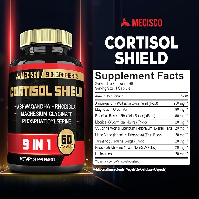 9in1 Cortisol Shield - Ashwagandha & Magnesium Glycinate, Rhodiola, Phosphatidylserine, L-Theanine, Licorice Root, St. John's Wort, Lions Mane - Mind & Mood, Restful Night Support - 60 Capsules