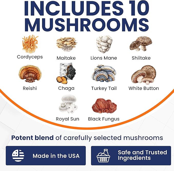 Mushroom Supplement Capsules - 10x Mushroom Complex with Lions Mane Cordyceps Shiitake Reishi Mushrooms Supplements - All Natural Herbal Vitamins Extract Pills for Focus Energy and Brain 90 Capsules