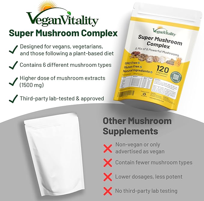 Vegan Vitality Multi Mushroom Supplement Complex - 120 Capsules with Reishi, Chaga, Shitake, Maitake, Lion's Mane and Cordyceps for Brain, Energy, Focus & Memory Support