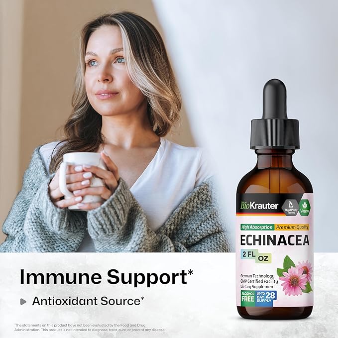 BIO KRAUTER Echinacea Tincture - Natural Immune Support - Echinacea Supplement - Vegan, Alcohol & Sugar Free Drops - 2 Fl.Oz.