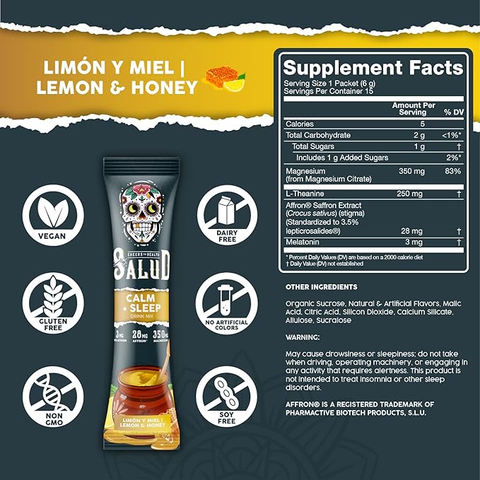 Salud 2-in-1 Sleep Aid + Calm Drink Mix, Lemon Honey Flavor, Melatonin, Magnesium, Saffron Extract, L-Theanine, Non-GMO, Gluten Free, Vegan, Low Calorie, 1g of Sugar (15 Servings)