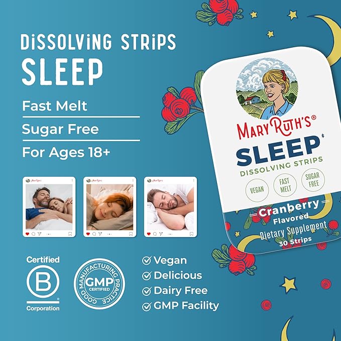 Sleep Dissolving Strips by MaryRuth's | L Theanine | Chamomile Flower | Melatonin 5mg | Valerian Root | Vitamin B6 | Sugar Free | Cranberry Flavor | Vegan | Gluten Free | Dairy Free | 30 Count