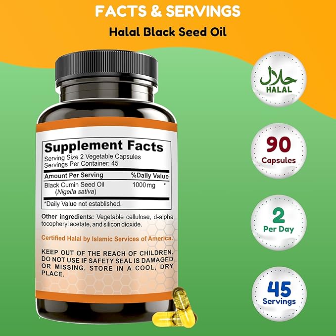 Halal Black Seed Oil | 1000mg 45 Servings | Nigella Sativa, Kalonji | Supports Hair, Skin, Joints, Immune, Heart, Digestion