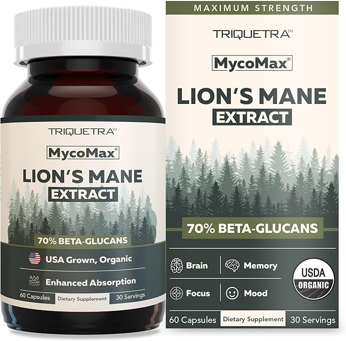 MycoMax Lions Mane Supplement - 70% Beta Glucans, Max Potency Organic Lions Mane Extract, US Grown + Ultrasonic Extraction - 500 mg serving - Supports Mental Clarity, Focus and Memory - 60 Capsules