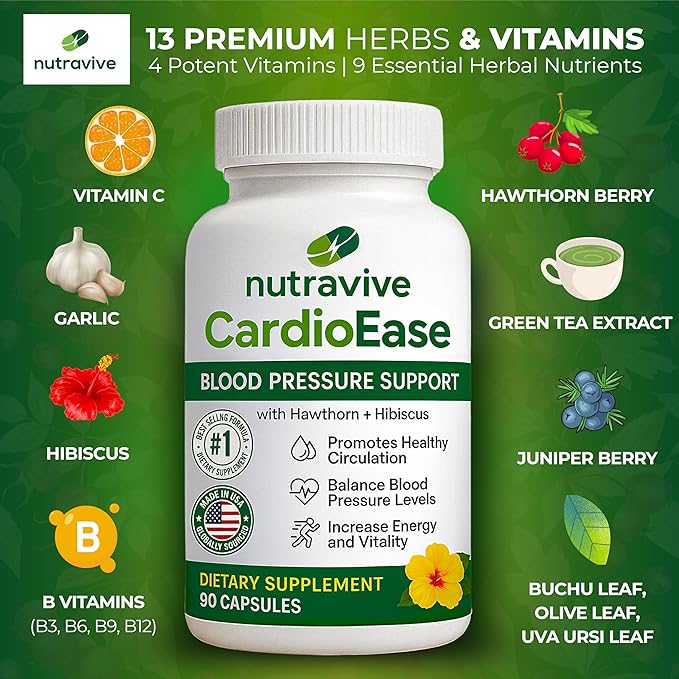 Blood Pressure Support Supplements – Featuring Hawthorn Berry, Hibiscus, Olive Leaf, Garlic Supplements, and Vitamin B12 for Nitric Oxide Supplement and Normal Blood Pressure - 90 caps