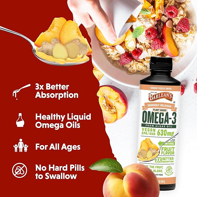 Barlean's Ginger Peach Vegan Omega 3 Supplement, Liquid Algae Oil with 630 mg EPA & DHA, Plant Based Omegas from Algal Oil, Non-GMO & Gluten Free, 16 oz
