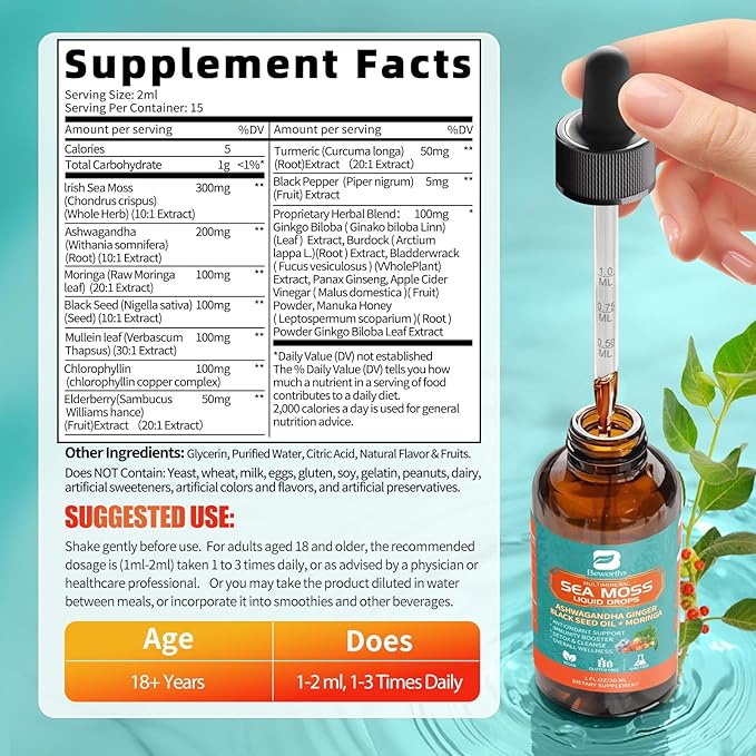 2PACK Sea Moss Drops - Irish Sea Moss Chlorophyll Liquid with Black Seed Oil, Ashwagandha, Moringa, Turmeric, Elderberry, Mullein, Seamoss Gel Supplement for Lung Cleaner, Detox & Gut, Immune Support