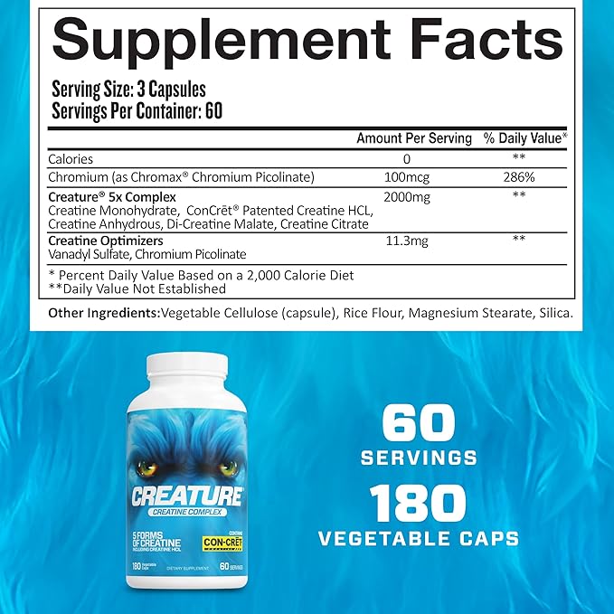 CREATURE® Creatine Complex - Creatine Monohydrate Capsules with 5 Types of Creatine Including Con-Crēt® Creatine HCL, Promotes Muscle, Strength, Endurance, Brain Health, 180 Veggie Caps, 60 Servings