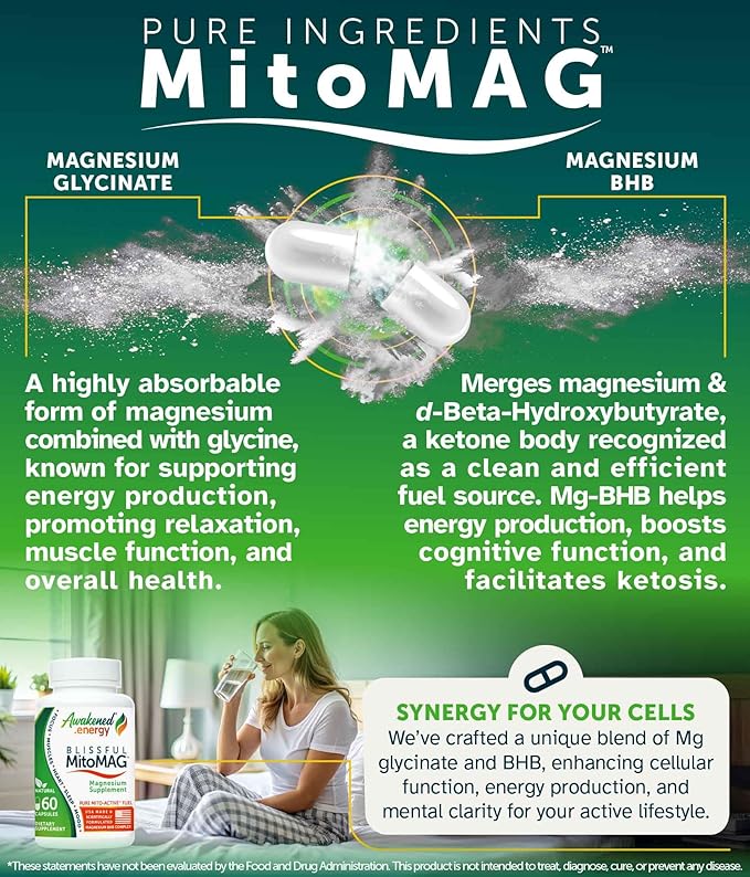 Blissful MitoMag – 300mg Elemental Magnesium Complex: Mg Glycinate, Mg BHB - Sleep Muscles Mood Energy Cognitive Focus Calm – All Natural, USA Made, No Additives – 60 Vegan Capsules Supplement