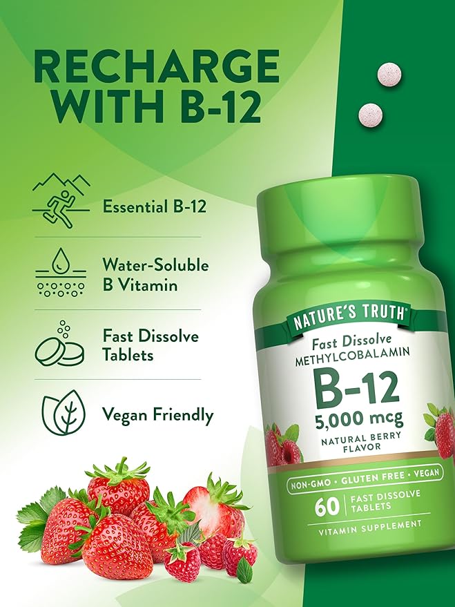 Nature's Truth B12 Vitamin 5000 mcg | 60 Tablets | Fast Dissolve Natural Berry Flavor | Vegan, Non-GMO & Gluten Free Supplement