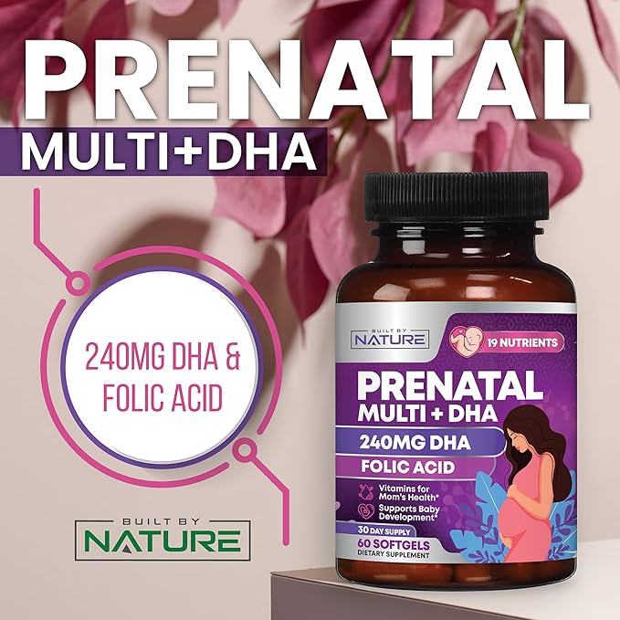 Prenatal Vitamins for Women - Multivitamin with DHA, Folic Acid, Vitamin C, B12, Iron & Omega-3 - Before, During & Post Pregnancy Supplement for Healthy Growth & Brain Development - 60 Softgels