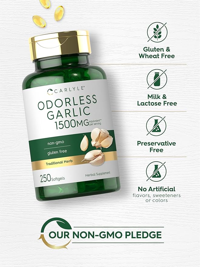 Carlyle Odorless Garlic Softgels 1500mg | 250 Count | Non-GMO, Gluten Free Extract Supplement