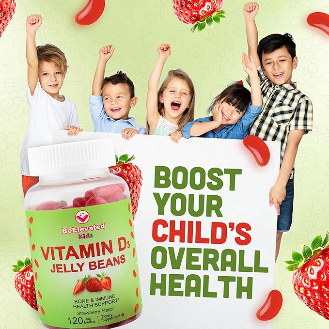 Vitamin D3 Jelly Beans - Chewable Vitamins Gummies for Kids Immune Support - Multivitamin Supplements for Bone & Joint Support - 2,000 IU Vegetarian Gummy - 120 Strawberry Flavor Beans