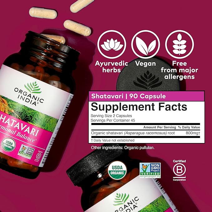 ORGANIC INDIA Shatavari Capsules - Herbal Supplement, Supports Hormonal Balance, Immune System Support, Vegan, Gluten-Free, USDA Organic, Supports Reproductive Health - 90 Capsules