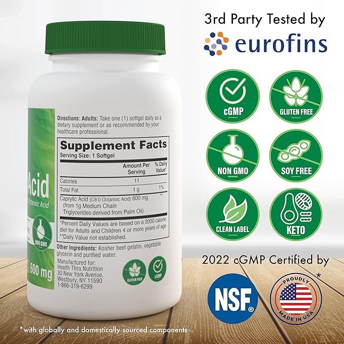 Health Thru Nutrition Caprylic Acid 600mg 200 Softgels | C8 Octanoic Acid from Pure 1g MCT Oil | Non-GMO & Soy Free | Support Healthy Digestive and Intestinal Health | Keto Friendly