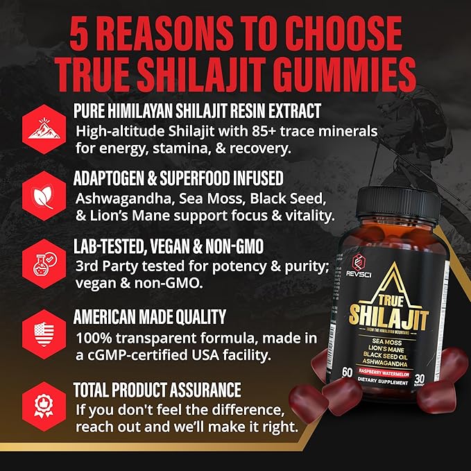 Pure Himalayan Shilajit Gummies for Men – Energy & Focus Support with Ashwagandha & Sea Moss, Pure Shilajit for Women, True Gold Himalayan Shilajit Resin Gummies, Vegan & Non-GMO, 60 Count