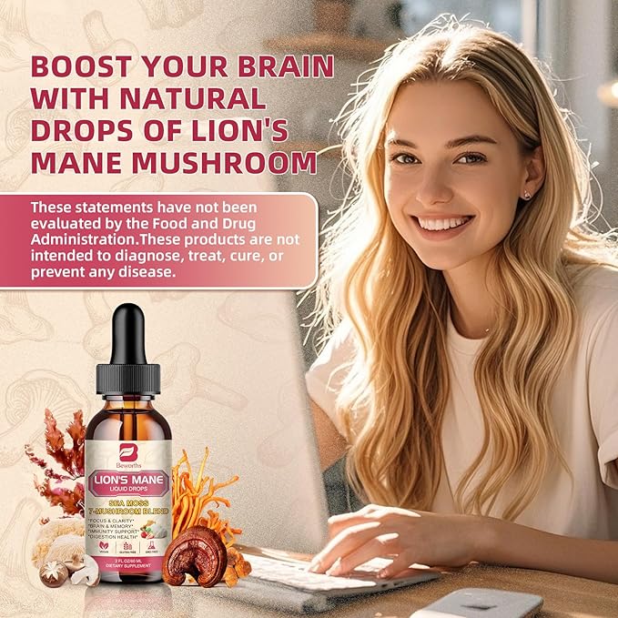 Lions Mane Supplement Mushroom Drops with 6-Mushroom Complex & Irish Sea Moss – Vegan Lion's Mane Liquid for Cognitive Support, Immune & Digestive Health – Dual Extraction, Non-GMO, Strawberry Flavor