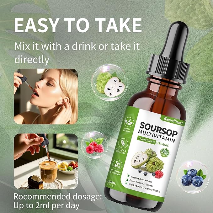 Organic Soursop Bitters Liquid Drops with Vitamin B6, C, D3 Soursop Multivitamin Liquid for Gut Detox Bone Health & Immune Boost Daily Health Support Gluten-Free Vegan & Organic - 4 Fl Oz, 120 ml