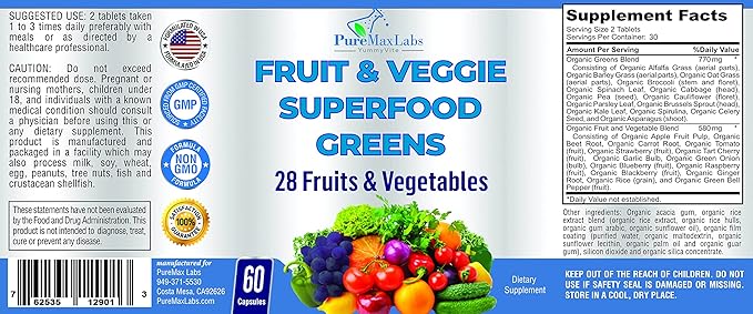 Fruit and Veggie Superfood Greens - 28 Fruits and Vegetables incl. Alfalfa, Barley Grass, Spirulina, Beet Root, Tart Cherry, Concentrated Natural Antioxidants- 60 Tablets