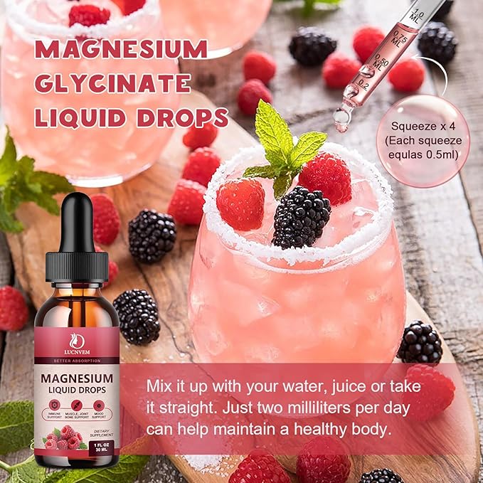 90% Absorption Magnesium Glycinate Liquid Drops with Citrate and Taurate, Magnesium Complex 1200mg with GABA, L-theanine, D3 and B6 for Calm, Sleep, Relaxation - Raspberry Flavor 1 Fl Oz (Pack of 2)