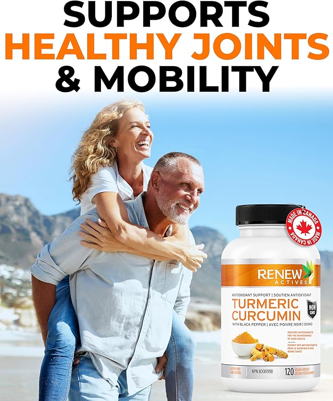 Renew Actives Turmeric Curcumin with Black Pepper – 600MG Turmeric Root, 100MG Curcuminoids per 2 Capsules – Supports Digestion, Liver Health, Joint Relief & Mobility – Made in Canada – 120 Capsules