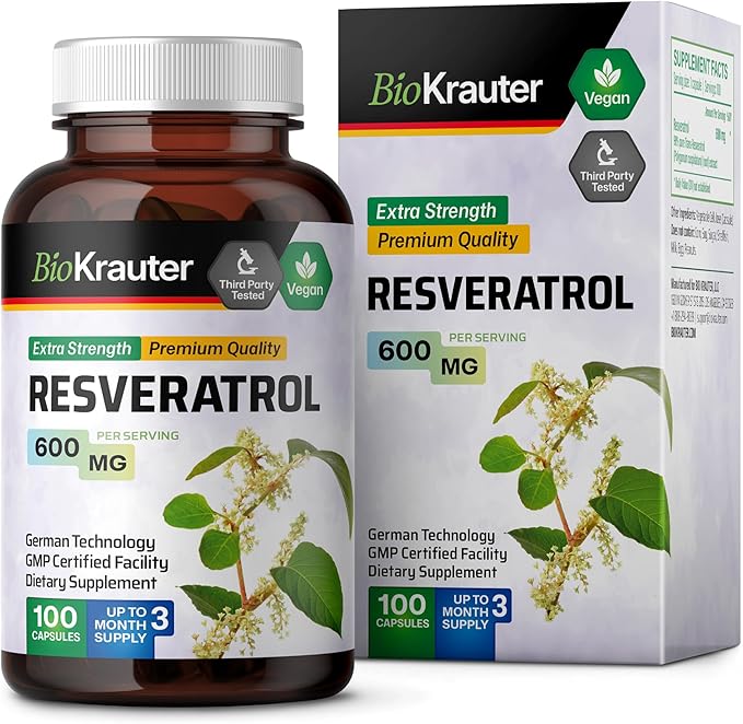 BIO KRAUTER Resveratrol Supplement Capsules 600 mg - 100 Count - Natural Antioxidant Source - 98% Pure Trans Resveratrol Powder - Vegan