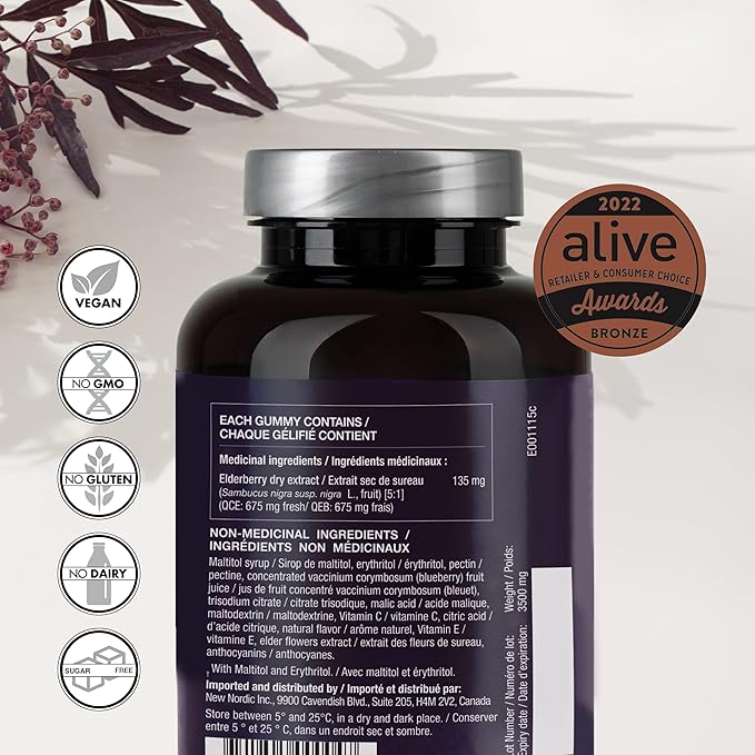 NEW NORDIC Elderberry Vegan Gummies, Sugar Free Chewable Immune Support with Vitamin C for Adults and Kids 4+, No Artificial Colors or Flavors, 60 Count (Pack of 1)