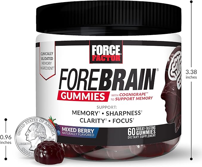 FORCE FACTOR Forebrain Gummies, 3-Pack, Nootropic Brain Support Supplement for Memory & Focus, Brain Vitamin with COGNIGRAPE & Huperzine A, Focus Gummies to Support Recall & Sharpness, 180 Gummies
