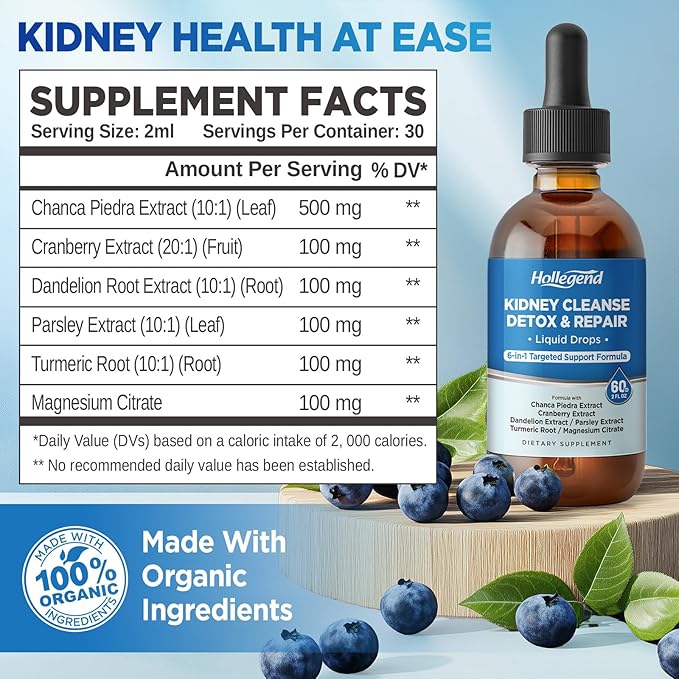 Kidney Cleanse Detox & Repair Liquid Drops, Kidney Support Supplement Enhanced with Chanca Piedra, Cranberry, Dandelion, Parsley, Turmeric Root, Magnesium Citrate, 2 Fl Oz