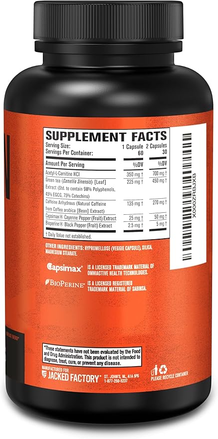 Jacked Factory Burn-XT Clinically Studied Fat Burner & Weight Loss Supplement - Appetite Suppressant & Energy Booster - with Acetyl L-Carnitine, Green Tea Extract and More - 60 Natural Diet Pills