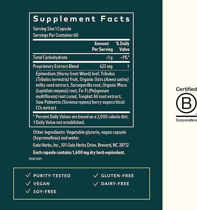 Gaia Herbs Male Libido - Herbal Supplement with Saw Palmetto, Horny Goat Weed, Maca & Oats - Supports Stamina, Vitality & Hormone Balance for Men - 60 Vegan Liquid Phyto-Capsules (20-Day Supply)