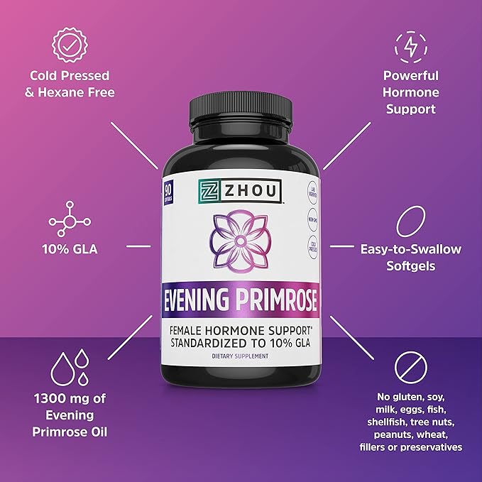 Zhou Nutrition Evening Primrose Oil Capsules, Supports Hormone Balance for Women, PMS and Menopause Support, Cold Pressed, Lab Verified and Hexane Free - 1300mg 10% GLA, 90 Servings, 3 Month Supply