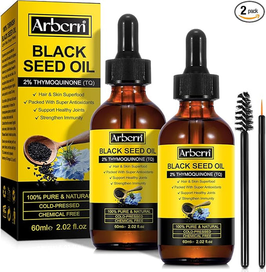 2 Pack Black Seed Oil Organic Cold Pressed,100% Pure & Natural Liquid Black Seed Oil Cold Pressed Glass Bottle 60ML for Skin Cares, Nourishes and Hydrates Hair