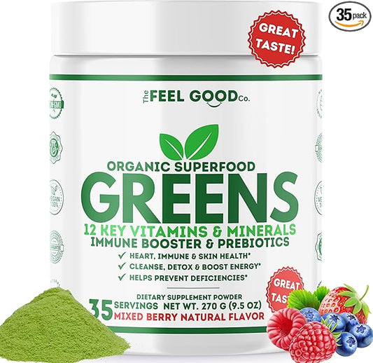 The Feel Good Super Greens Powder - Organic Green Juice, Wheat Grass No Added Sugar, Spirulina, Chlorella, Probiotics, Digestive Enzyme, Antioxidant Rich, Immunity Boost Green Superfood, 35 SVG, Daily