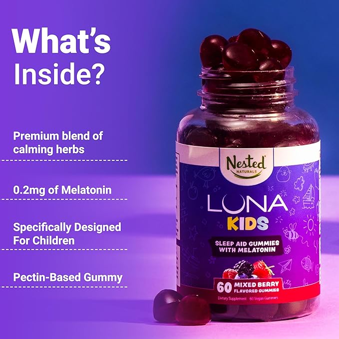 Nested Naturals Luna Kids Sleep Gummies - Non-Habit Forming Kids Melatonin Gummy with Valerian Root, Chamomile, and Lemon Balm - Children's Melatonin Sleep Aid - Mixed Berry, 60 Vegan Gummies