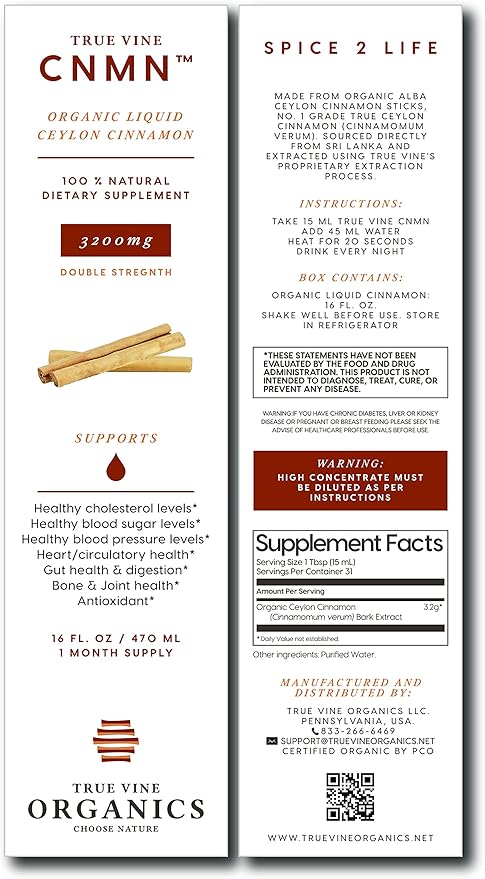 True Vine 3200mg Liquid Ceylon Cinnamon Supplement (Made in USA) for Healthy Heart, Blood Pressure, Sugar, Cholesterol, Gut & Joints — 100% Organic Ceylon Cinnamon to Fight Free Radicals (16 fl oz)