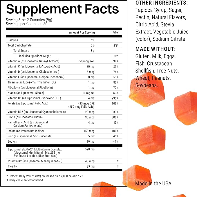 Liposomal Multivitamin Gummies, 520 mg Liposomal Multi Complex for Men and Women, Immune Support, Antioxidant Defense - 60 Gummies, 30 Servings, Orange Passion Fruit Flavor