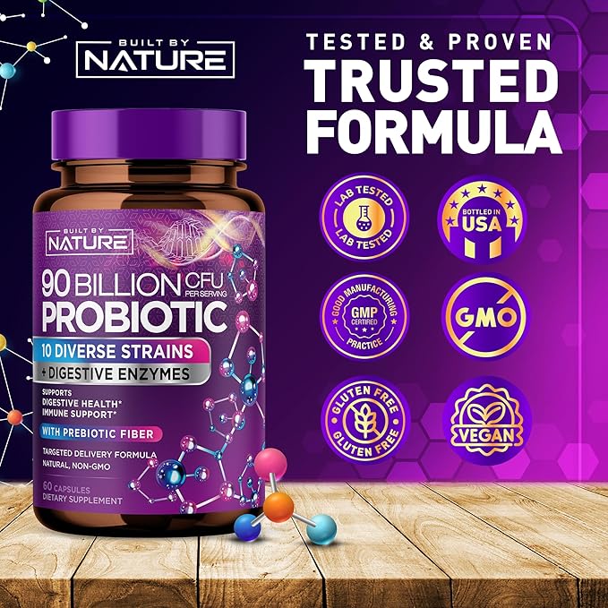 90 Billion CFU Probiotic - Daily Digestive Gut Health Supplement for Men & Women - Lactobacillus acidophilus, Bifidobacterium & Prebiotics - Non-GMO, Gluten & Dairy Free, Shelf-Stable - 60 Capsules