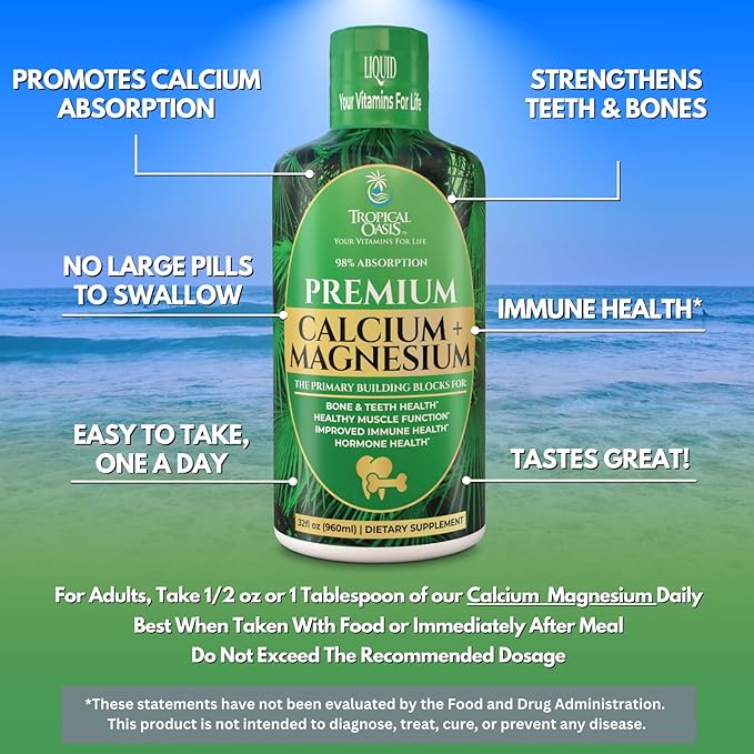 Tropical Oasis Liquid Calcium Magnesium | Promotes Strong Bones & Healthy Teeth | 98% Max Absorption | 32 Fl Oz, 64 Serv