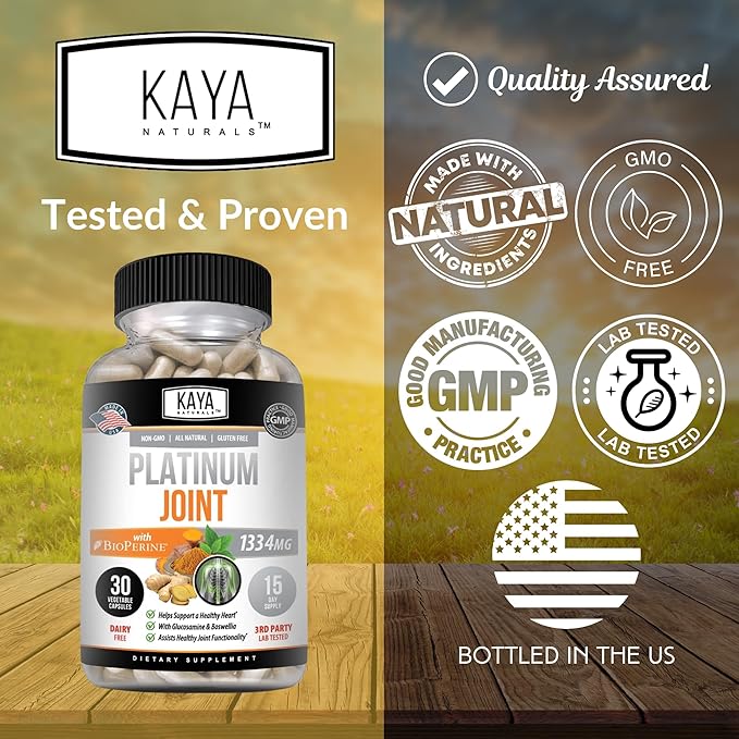 Kaya Naturals Platinum Mobility Turmeric - Bioperine, Glucosamine, Turmeric with Boswellia, Healthy Natural Mobility Support, Turmeric Curcumin 1334mg - 30 Capsules