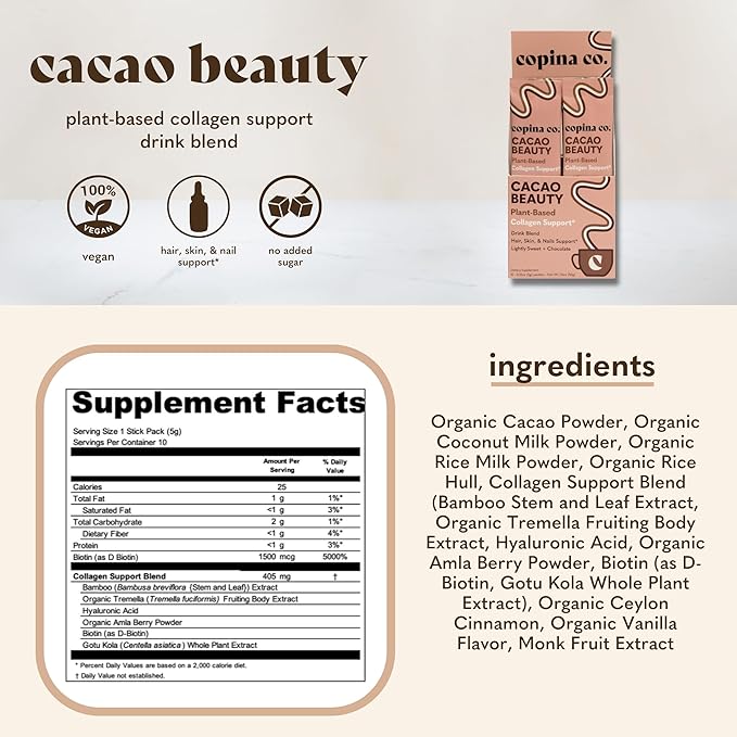 Cacao Beauty Vegan Collagen Booster Drink Blend: Plant-Based Collagen Support Smoothie Drink Vegan Blend Variety Pack | Cacao Flavor | 10 Individual Stick Packs per Carton