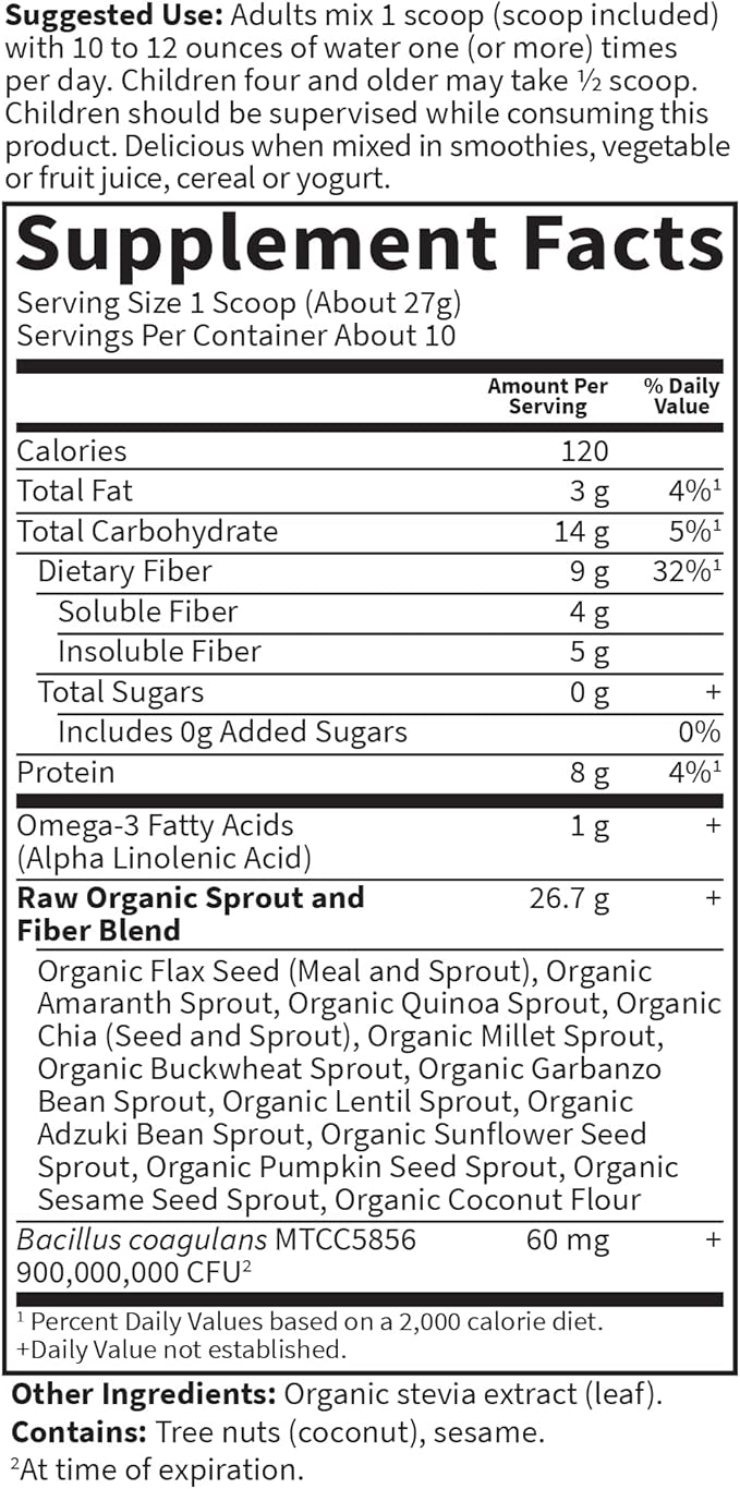 Garden of Life Raw Organic Fiber Supplement Powder - 10 Servings, 15 Organic Superfoods + Probiotics & Omega-3 ALA, 4g Soluble & 5g Insoluble Fiber for Regularity - Psyllium Free