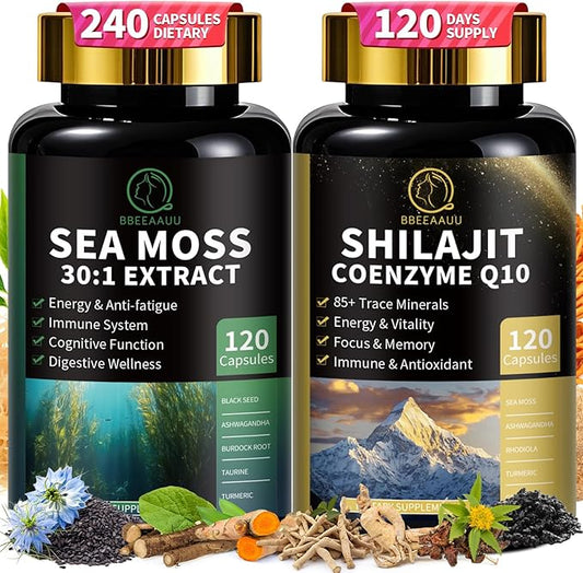 Shilajit for Men and Women, Sea Moss and Shilajit Bundle Pill, All in 1 Supplements with Coenzyme Q10, Black Seed, Ashwagandha, Taurine, Burdock for Energy, Antioxidant & Immune Support, 240 Capsule