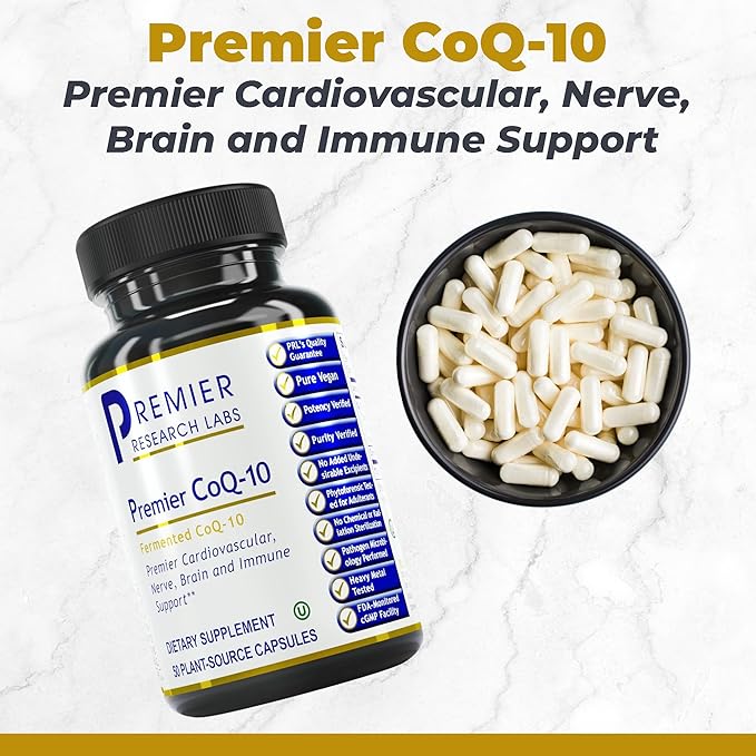 Premier CoQ-10, 50 Capsules, Vegan Product - Live-Source, Fermented CoQ10 (100 mg; Trans Isomer Form) The Preferred Lipid-Soluble Form for Premier Cardiovascular, Nerve, Brain and Immune Support