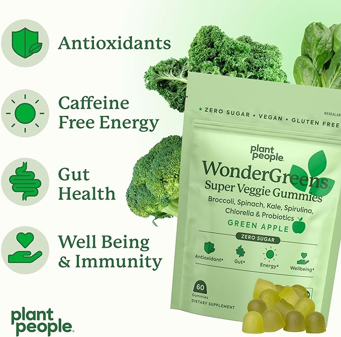 Plant People WonderGreens Veggie Gummies Super Greens with Probiotics Multivitamin Support Gummy for Wellbeing, Energy, Immune and Gut Health, Green Apple Flavor (60 Count)