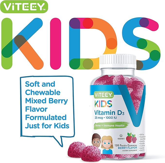 Vitamin D3 Kids Gummies 25mcg 1000 IU - Bone Health, Immune Health, Joint Muscle Support - Vegetarian, Gelatin Free, Gluten Free, GMO Free - Tasty Chewable Berry Flavored Gummy