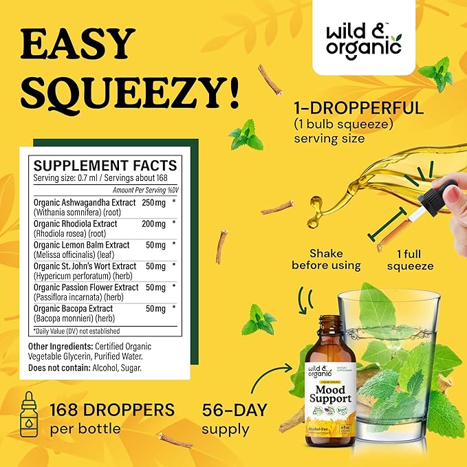 Wild & Organic Mood Support Supplement - Natural Liquid Drops for Positive Energy - Calm Mind Supplement for Women and Men - Non-Alcohol Ashwagandha & Rhodiola Rosea Root Tincture for Good Mood - 4 oz